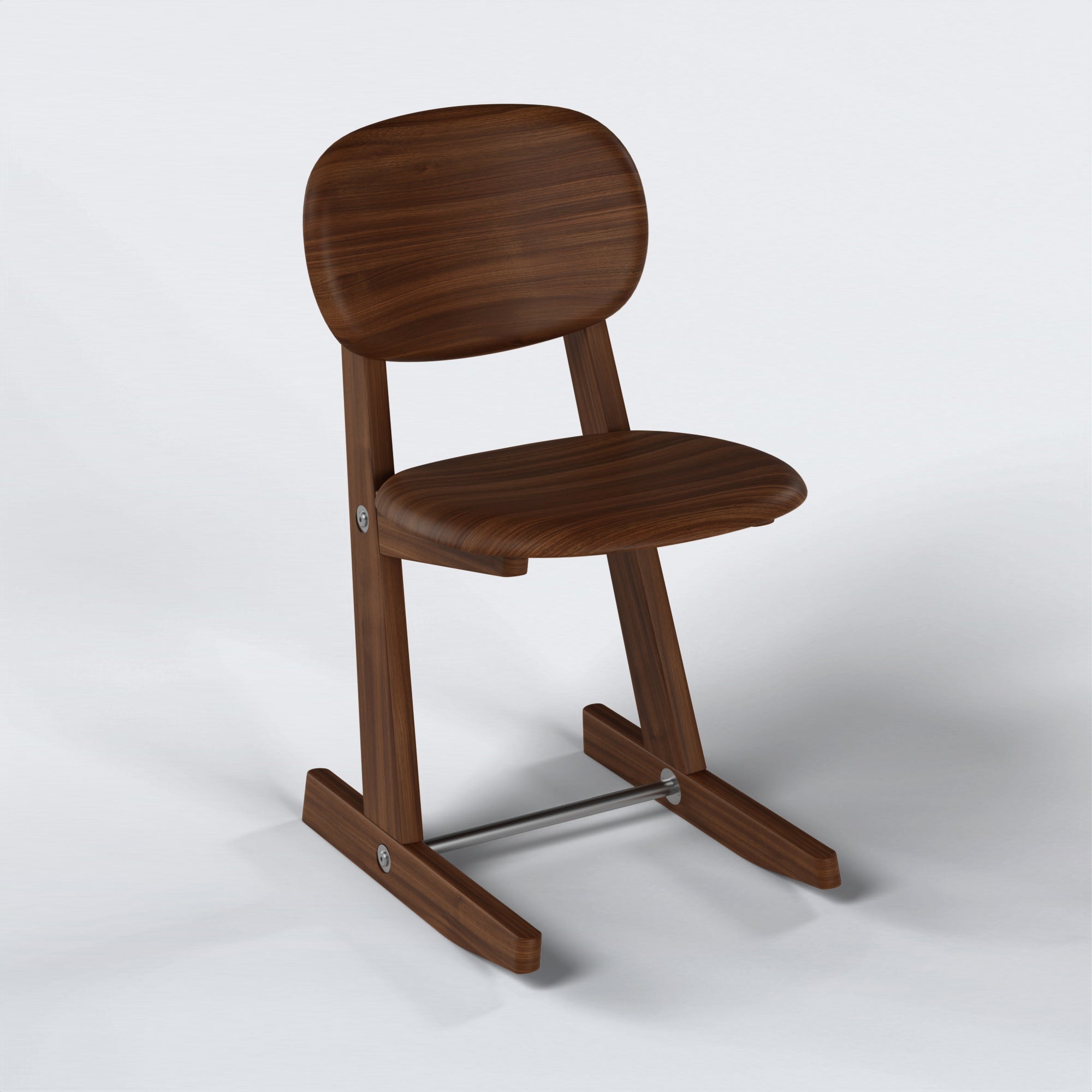 Three-quarter view of KufenKarl Office Tipforward KD in Walnut Dark with stainless steel – highlighting its clean lines and functional design.