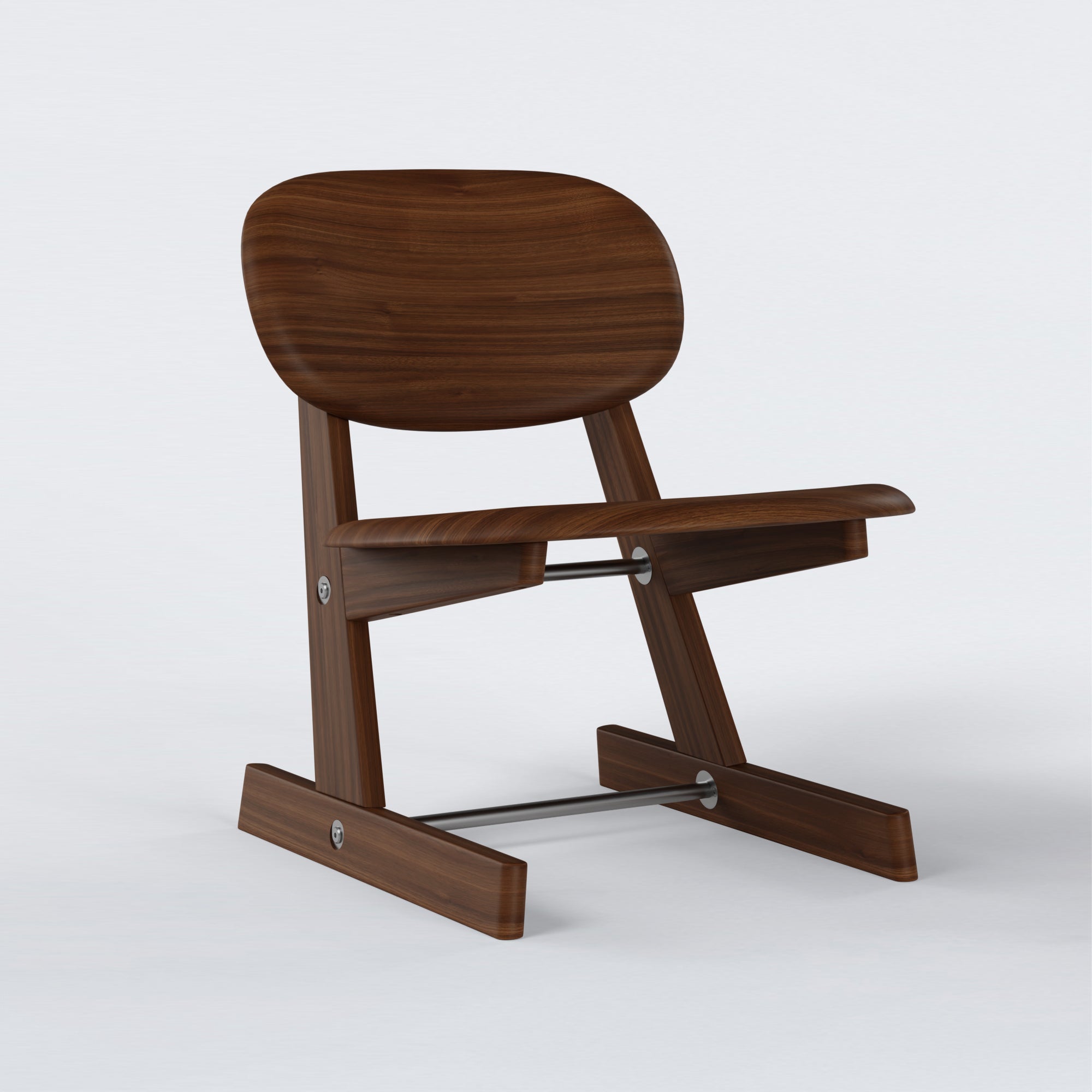 Side angle of the KufenKarl Lounge Chair KD in walnut with stainless steel (Walnut dark, Collect.Studio) – highlighting its minimalist yet durable construction.