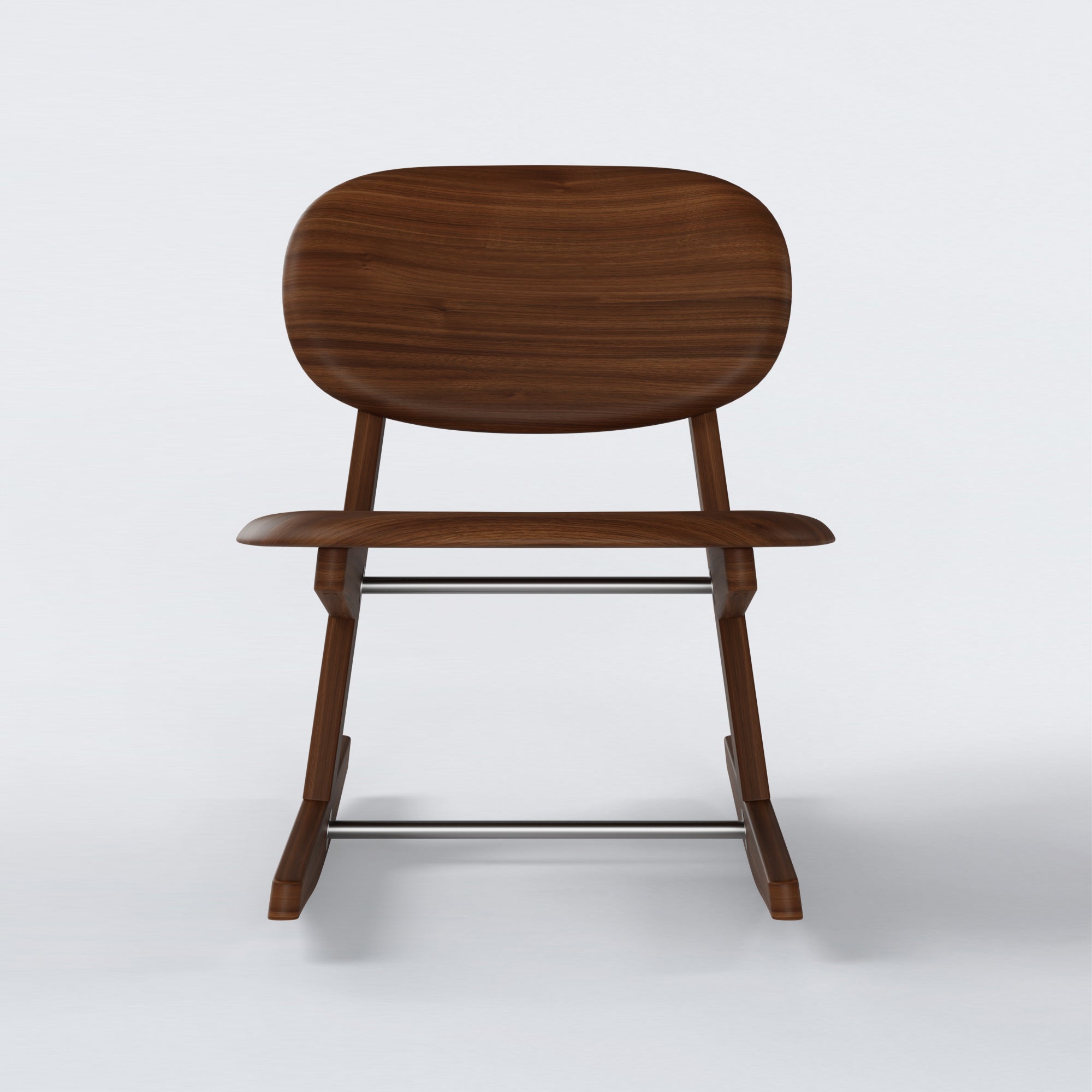 KufenKarl Rocking Chair KD in walnut – front view, showcasing its curved seat, ergonomic backrest, and minimalist design.