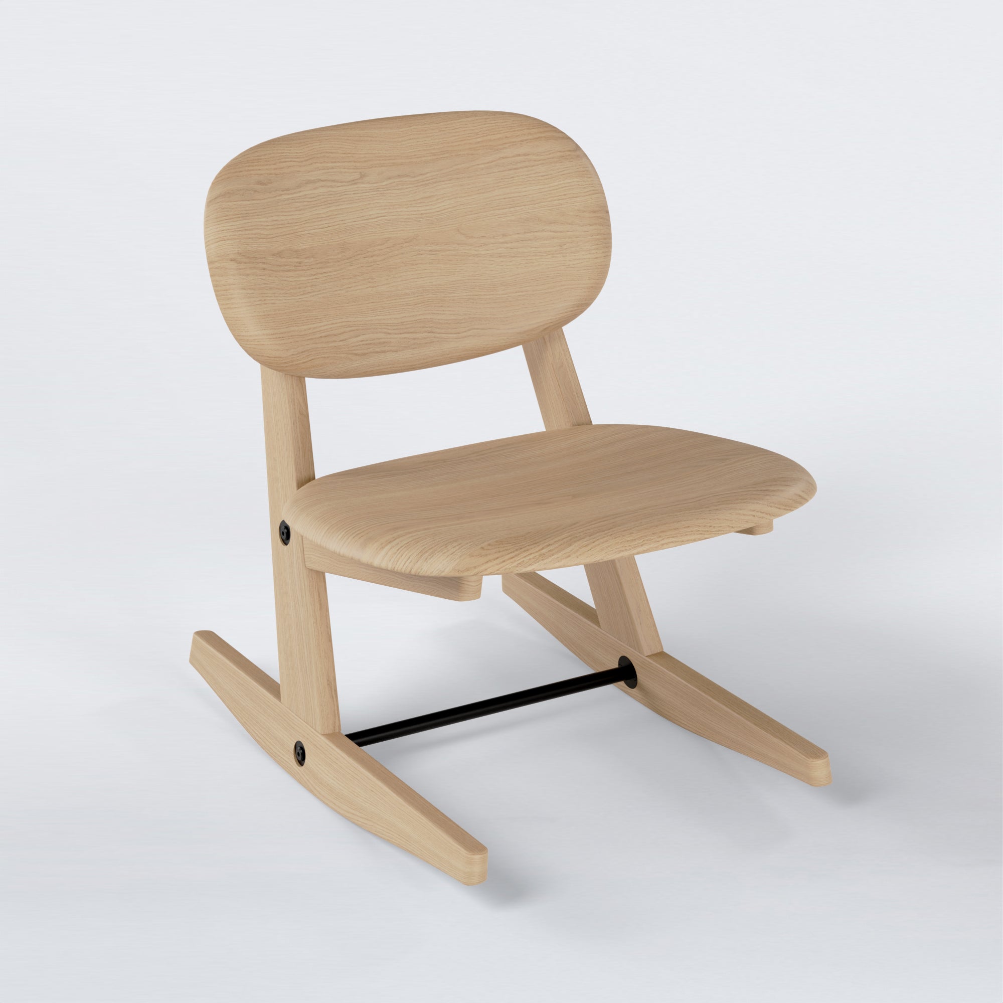KufenKarl Rocking Chair KD in natural oak – three-quarter view, showcasing its timeless silhouette and smooth rocking motion.