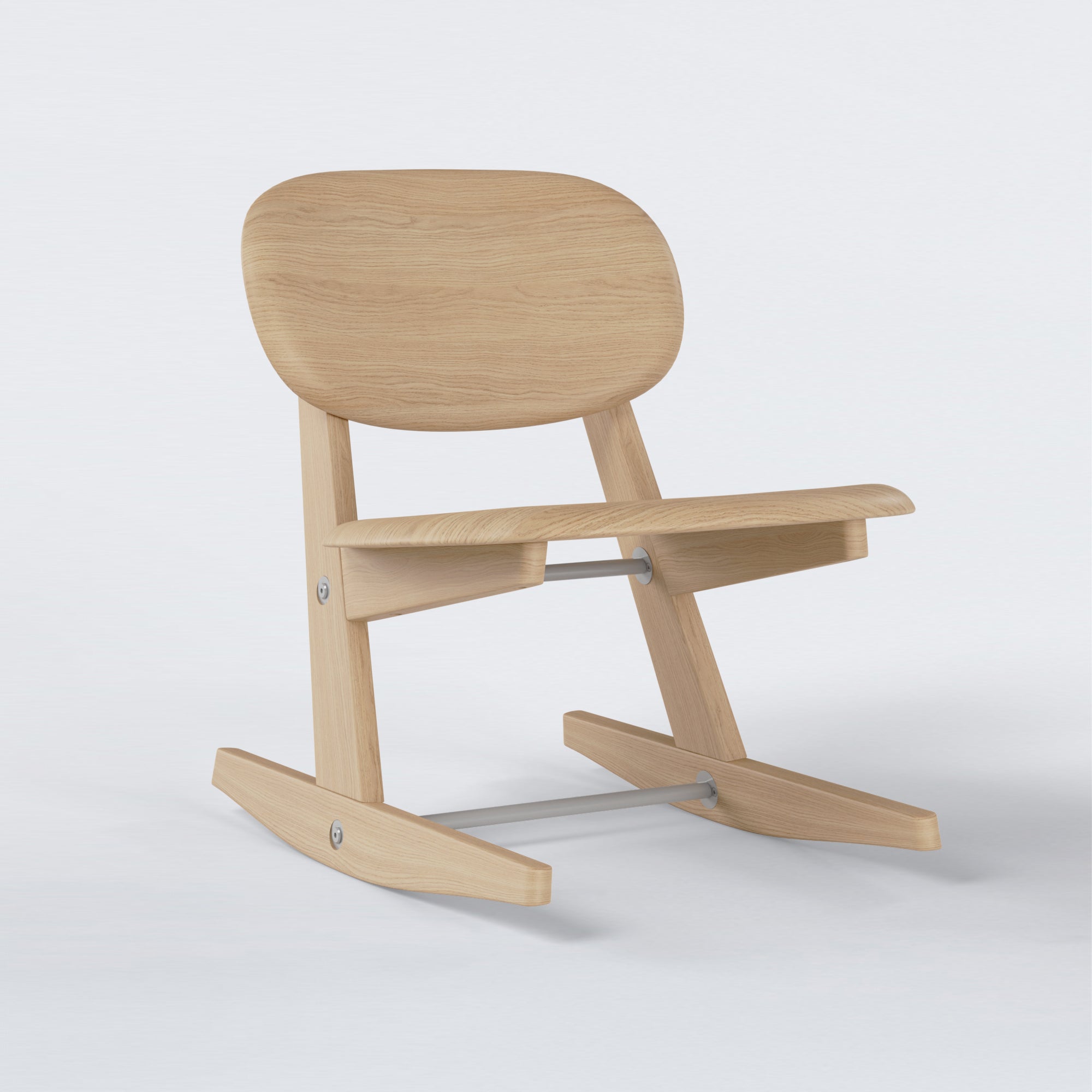 KufenKarl Rocking Chair KD in natural oak /off-white grey – angled side view, illustrating the balance between modern design and traditional craftsmanship.