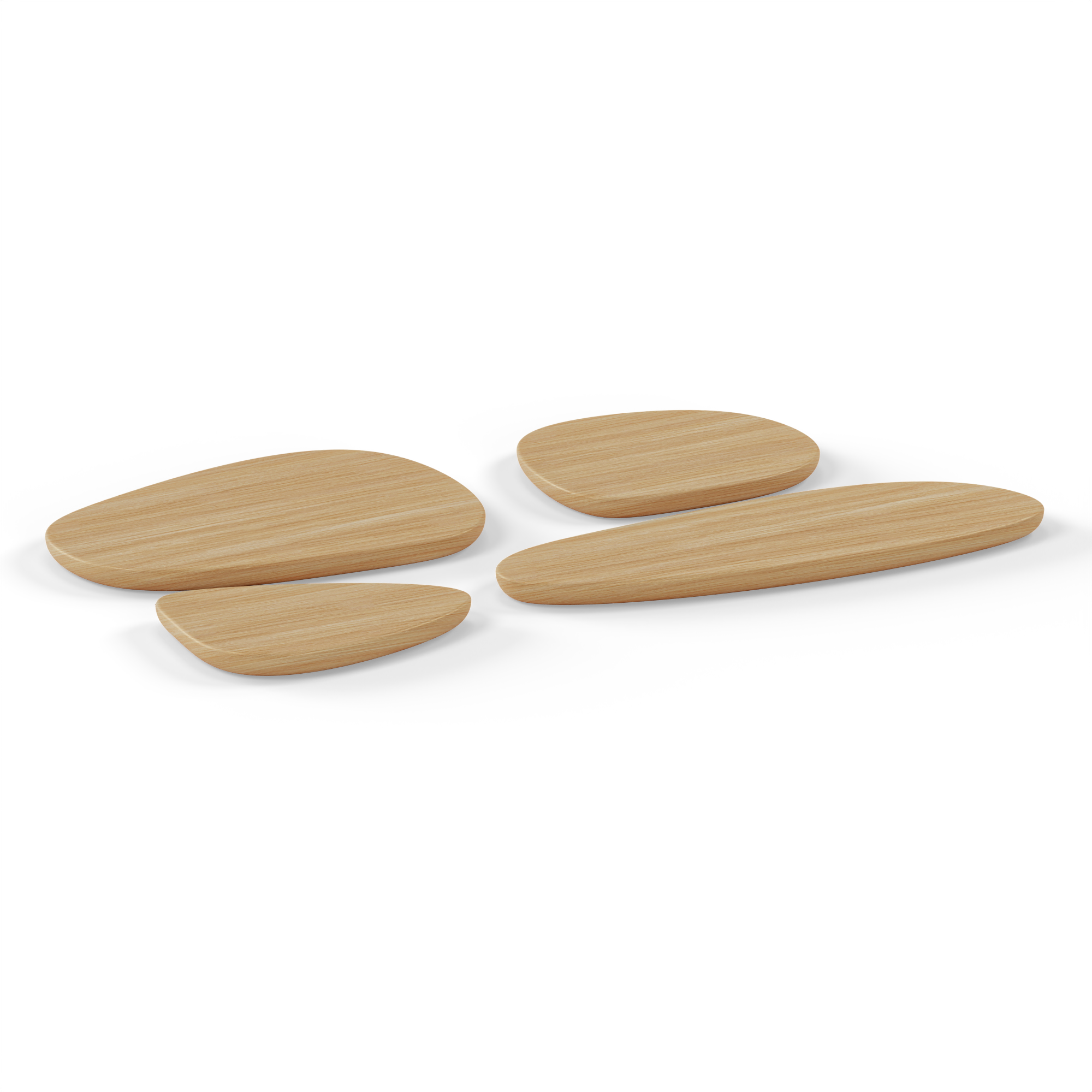 Pebble Series serving boards in natural oak—Long, Large, Medium, and Small sizes for versatile food presentation.