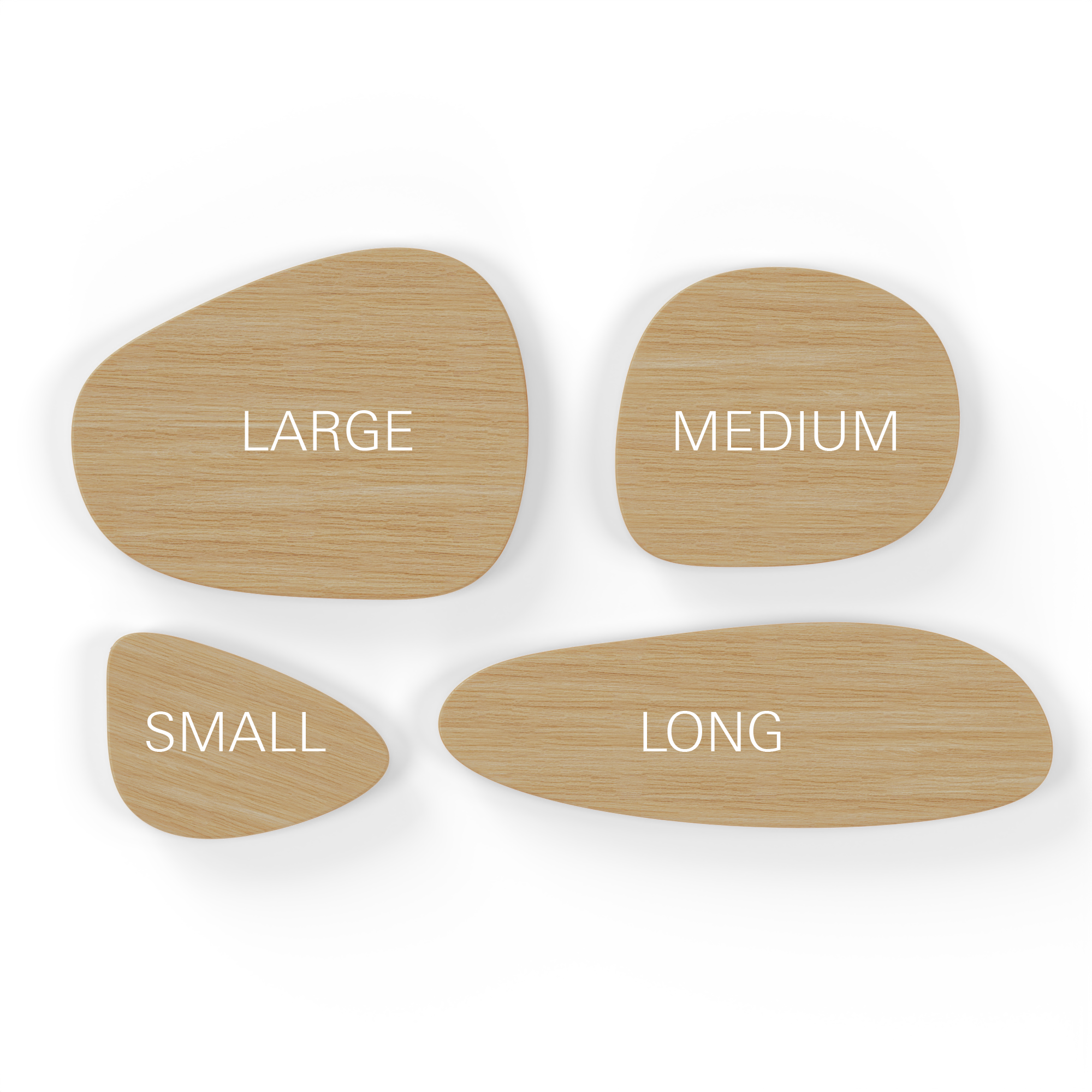 Pebble Series size comparison—four distinct serving board sizes: Small, Medium, Large, and Long, crafted for stylish dining.