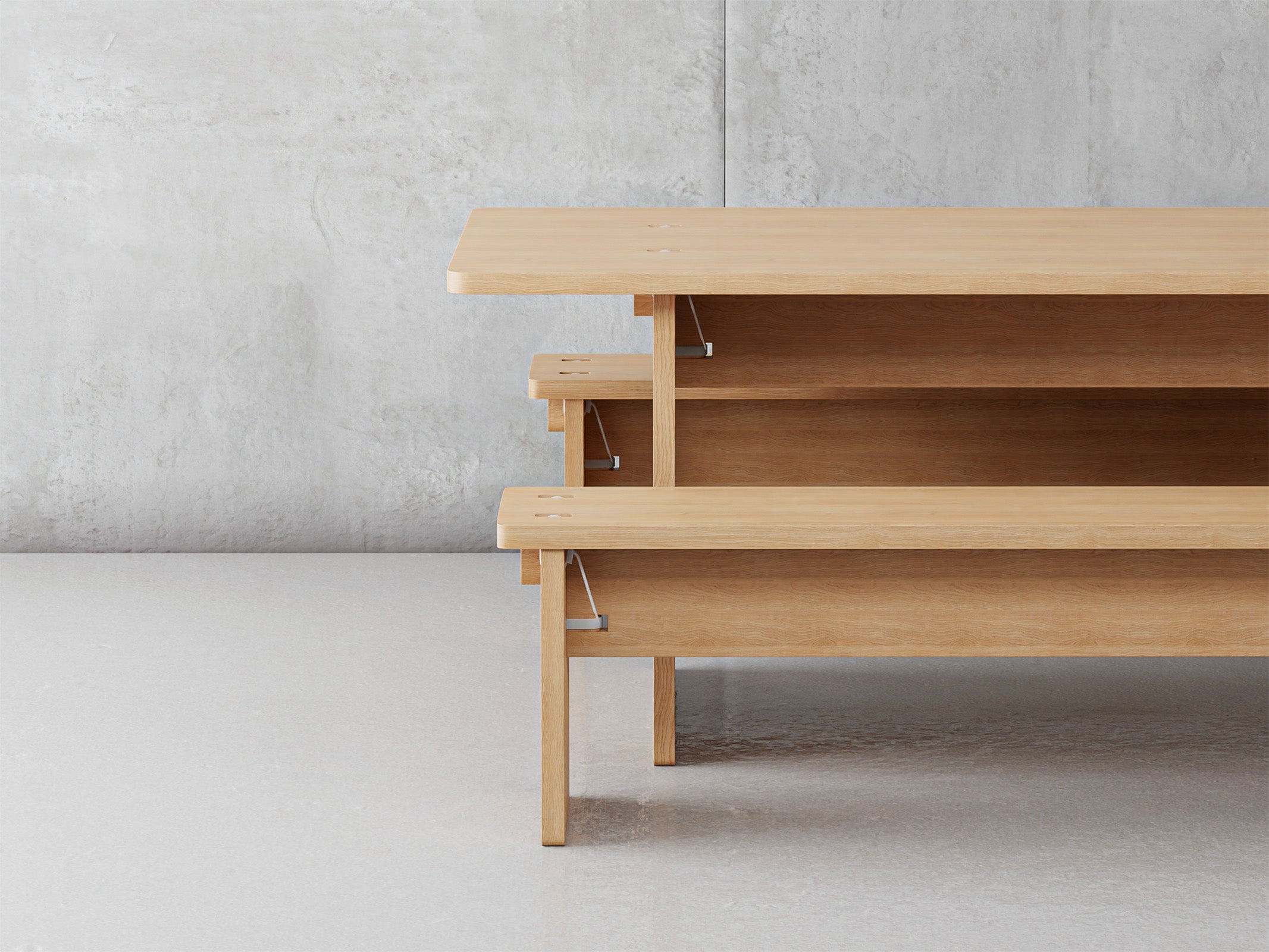Close-up of BO_ Collection table and benches, demonstrating their modular, slot-in assembly