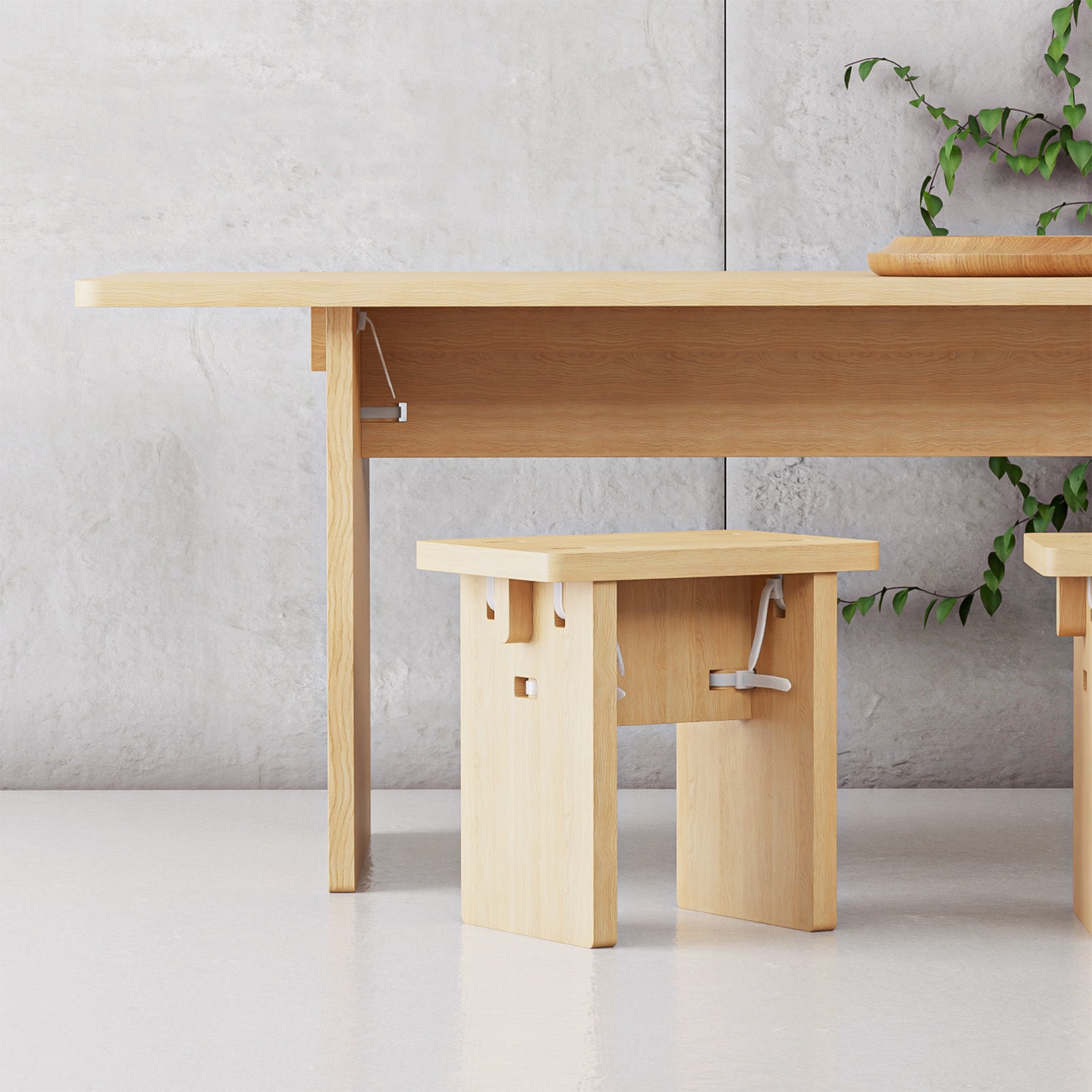 BO_ Collection table and stool set, designed for functionality, modern minimalism, and easy assembly with cable ties