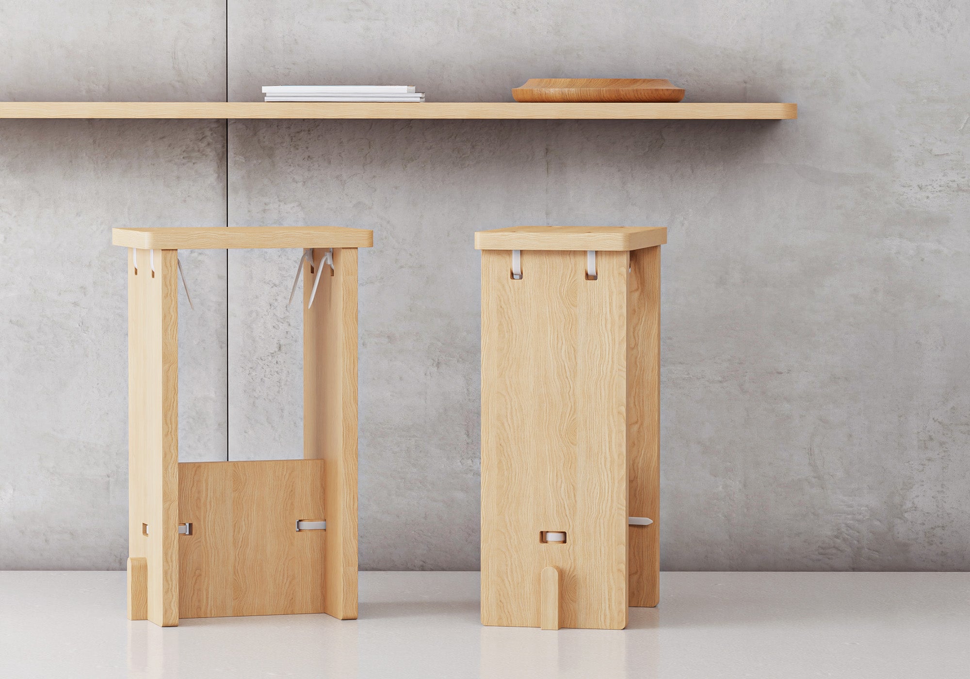 Pair of BO_ Collection barstools, emphasizing sustainable materials and a tool-free assembly system