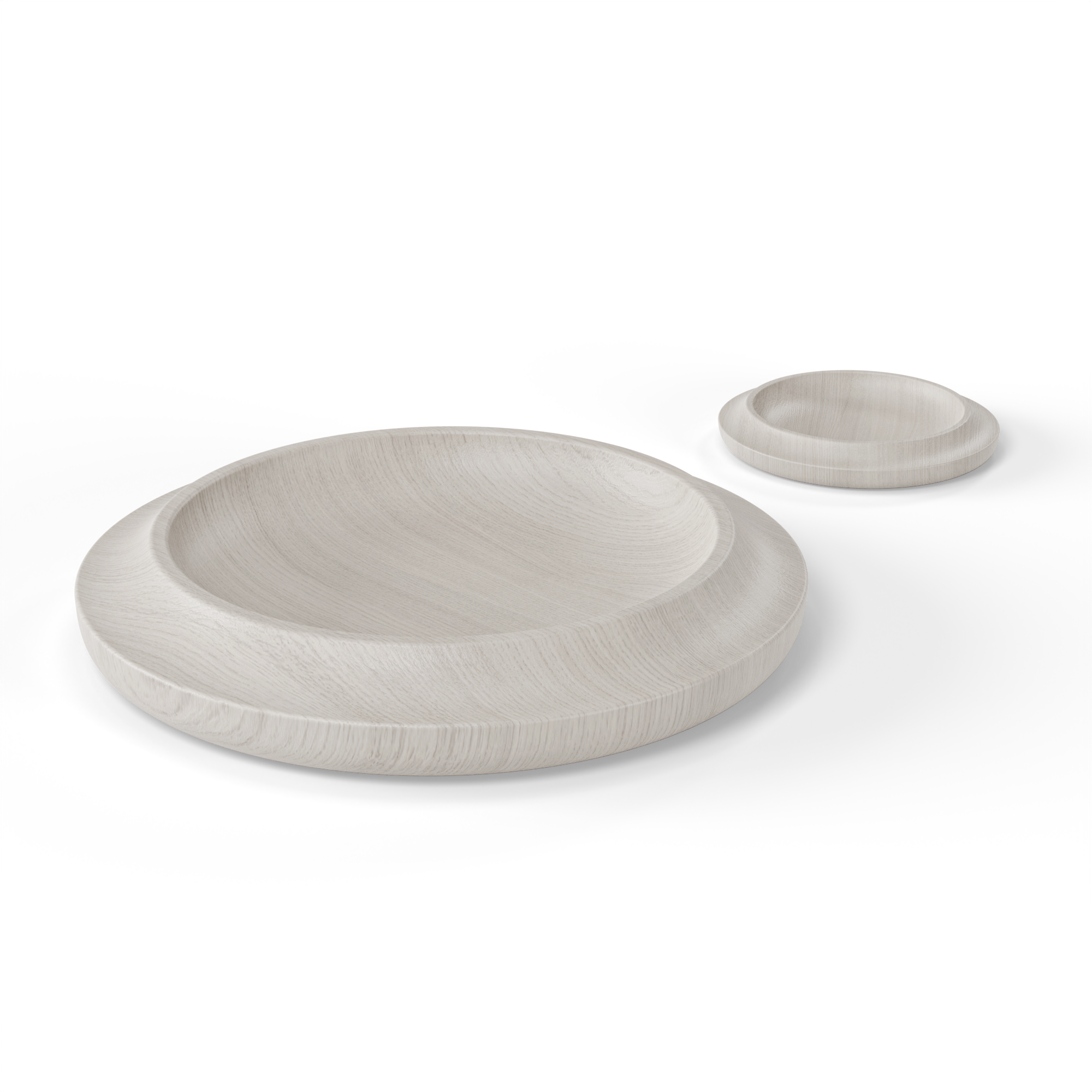 WAAN Floor and Table Bowls in off-white grey—a striking pair of sculptural wooden bowls in two sizes.