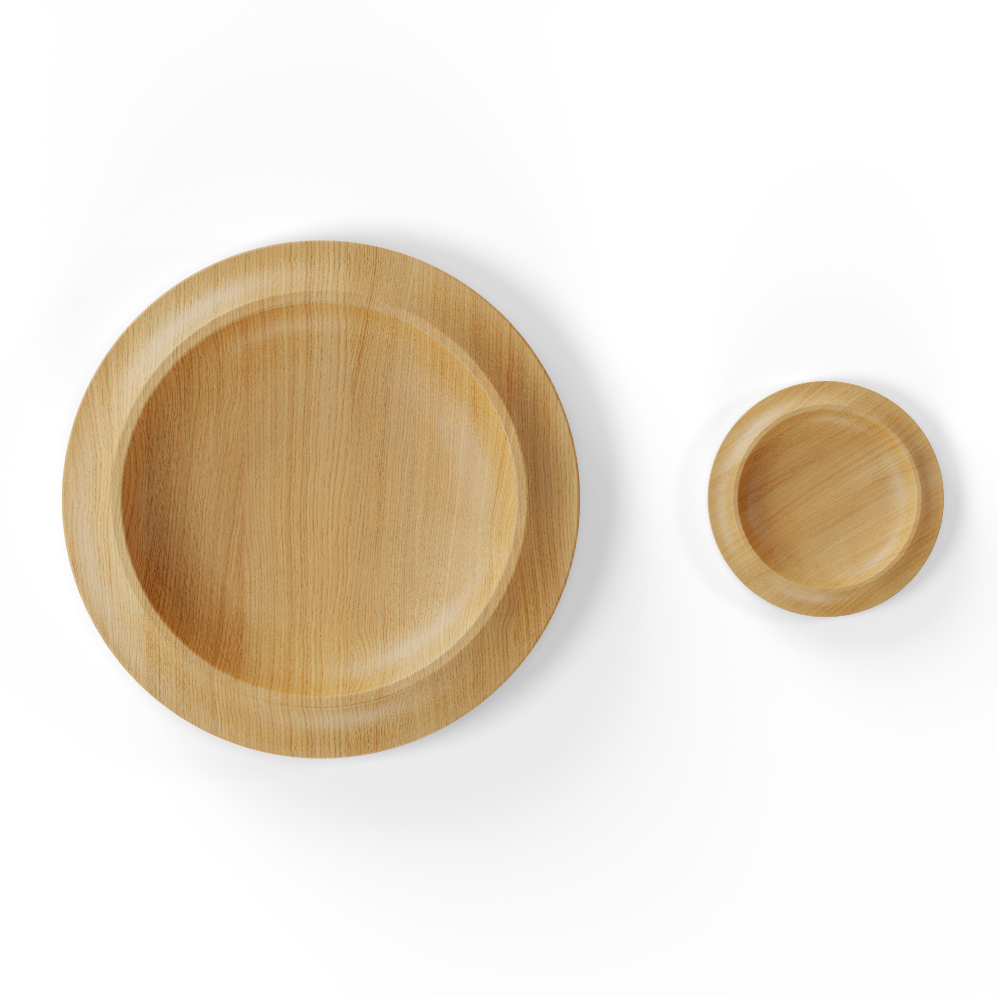 Top view of the WAAN Floor Bowl and Table Bowl in natural oak—minimalist wooden bowls with a sculptural form, perfect for contemporary interiors and functional design.