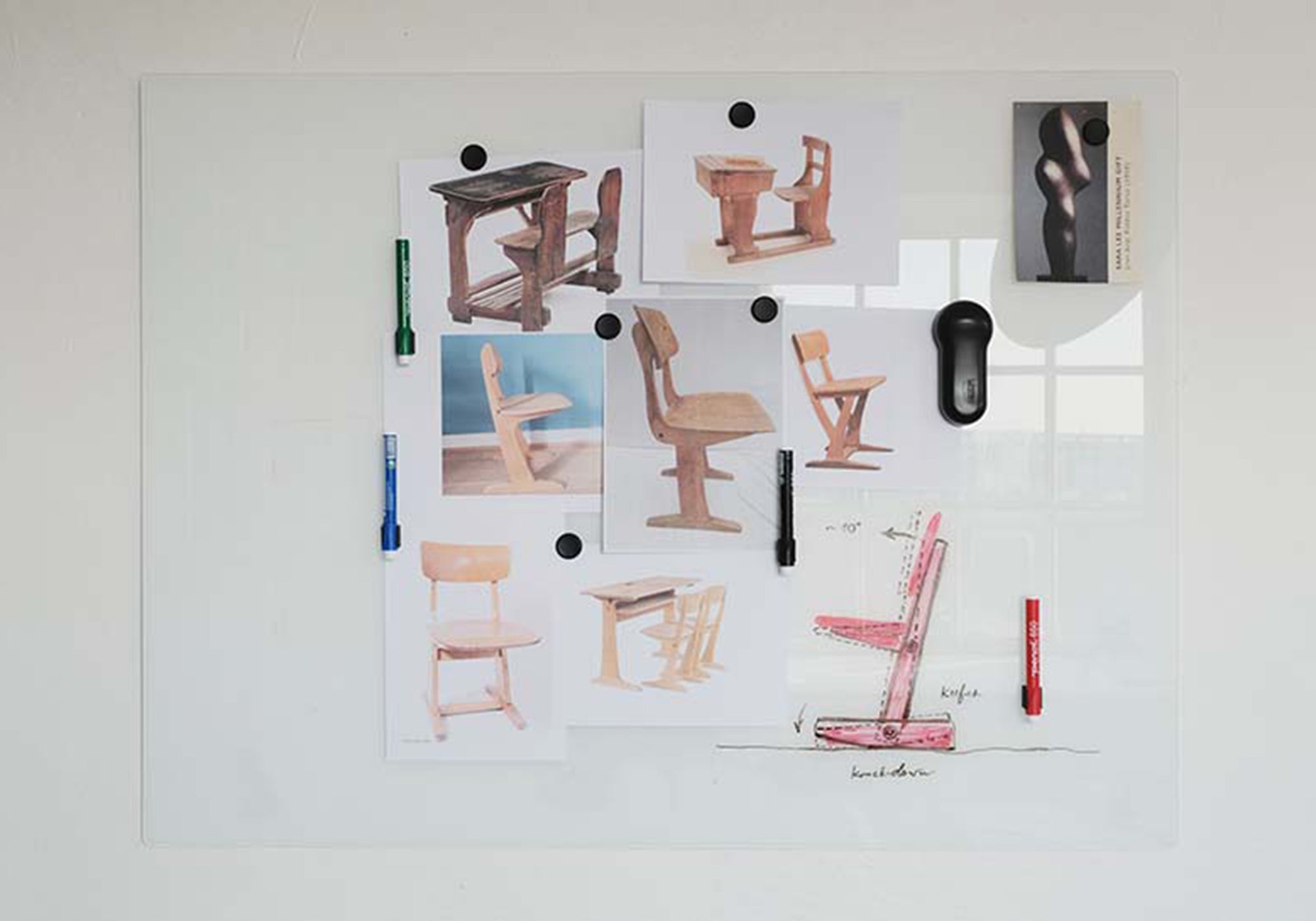 Design board of Boris Berlin, showcasing the development of the KufenKarl chair. Presented at Galleri Møller Witt, Copenhagen, featuring historical references and design sketches.