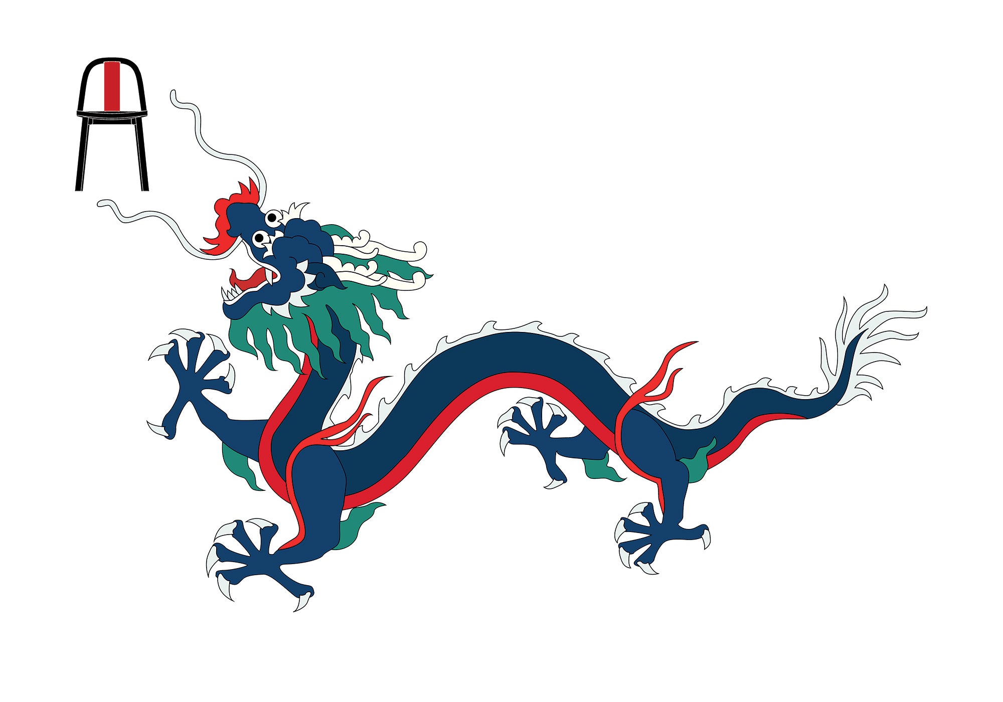 Stylized illustration of a traditional Chinese dragon in vibrant colors, paired with a minimalist Chin-Chin chair, symbolizing the fusion of cultural heritage and contemporary craftsmanship.