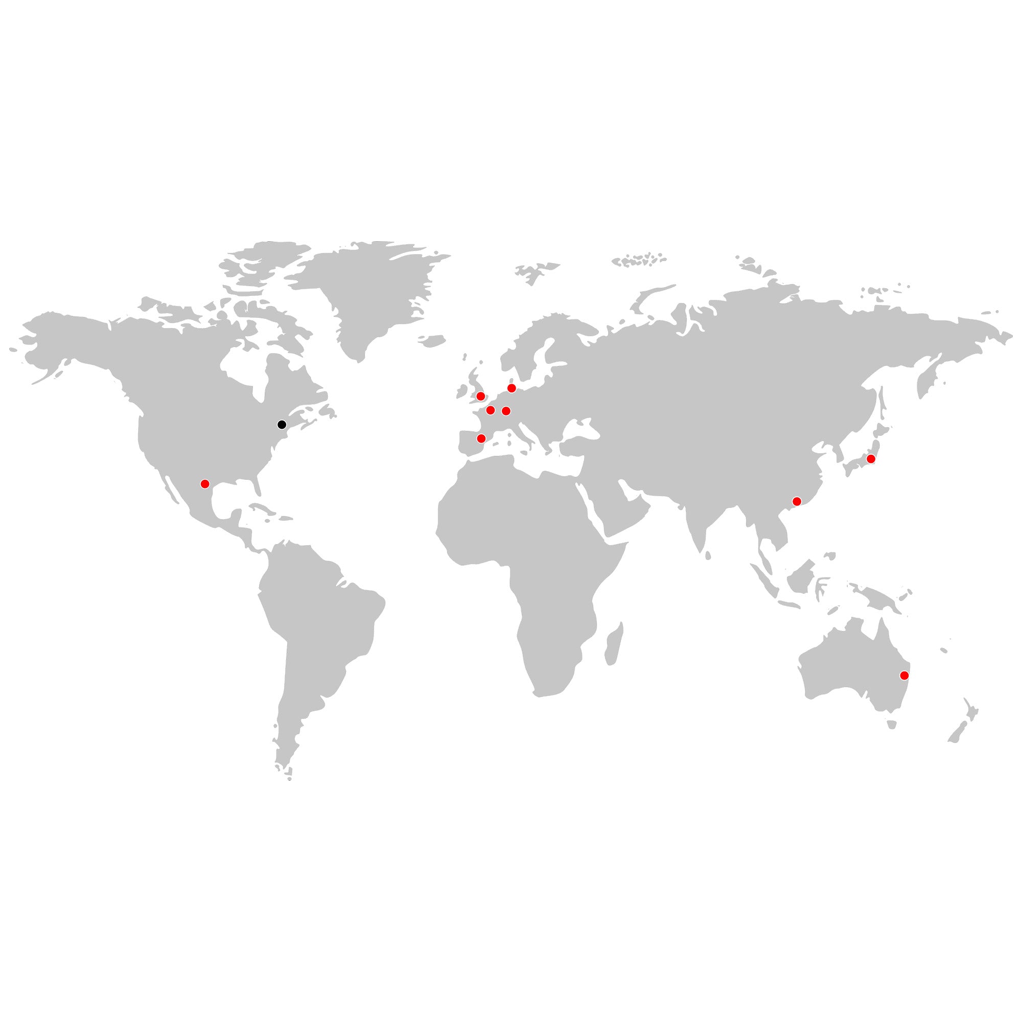 World map highlighting Collect Studio's designer locations with red dots.
