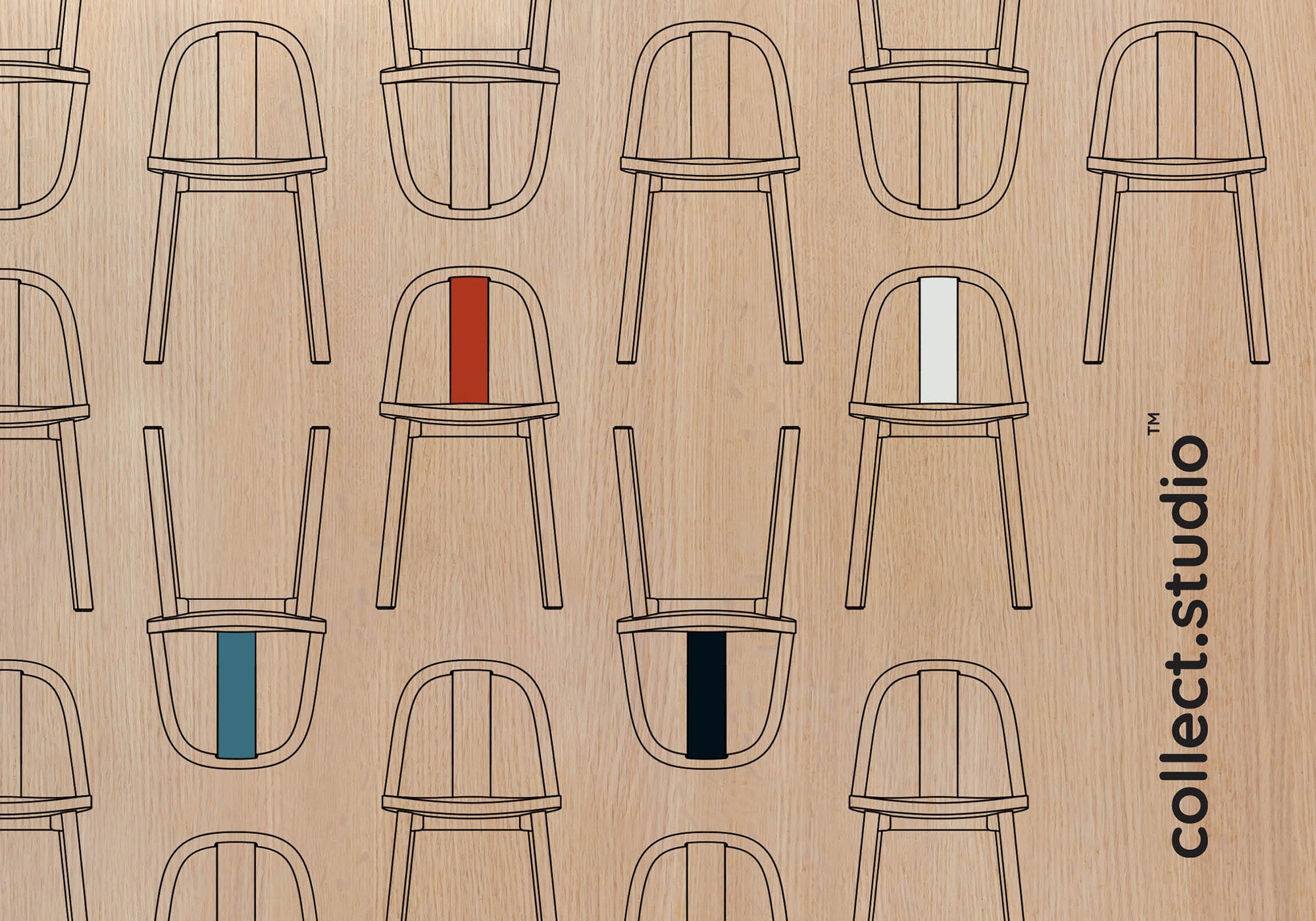 Patterned illustration of the Chin-Chin chair, highlighting its sleek form, curved backrest, and glossy lacquered finishes in various colors.
